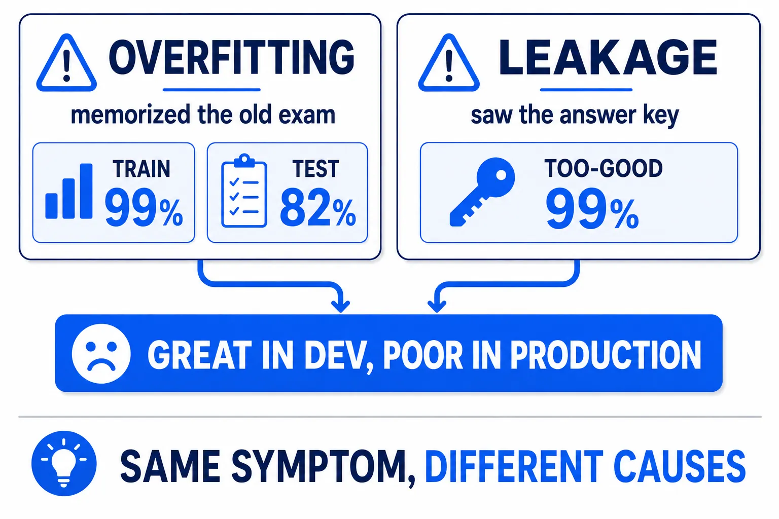 สองกับดัก — overfitting จำข้อสอบเก่า, leakage แอบเห็นเฉลย อาการเหมือนกันคือเก่งใน dev แย่ในงานจริง