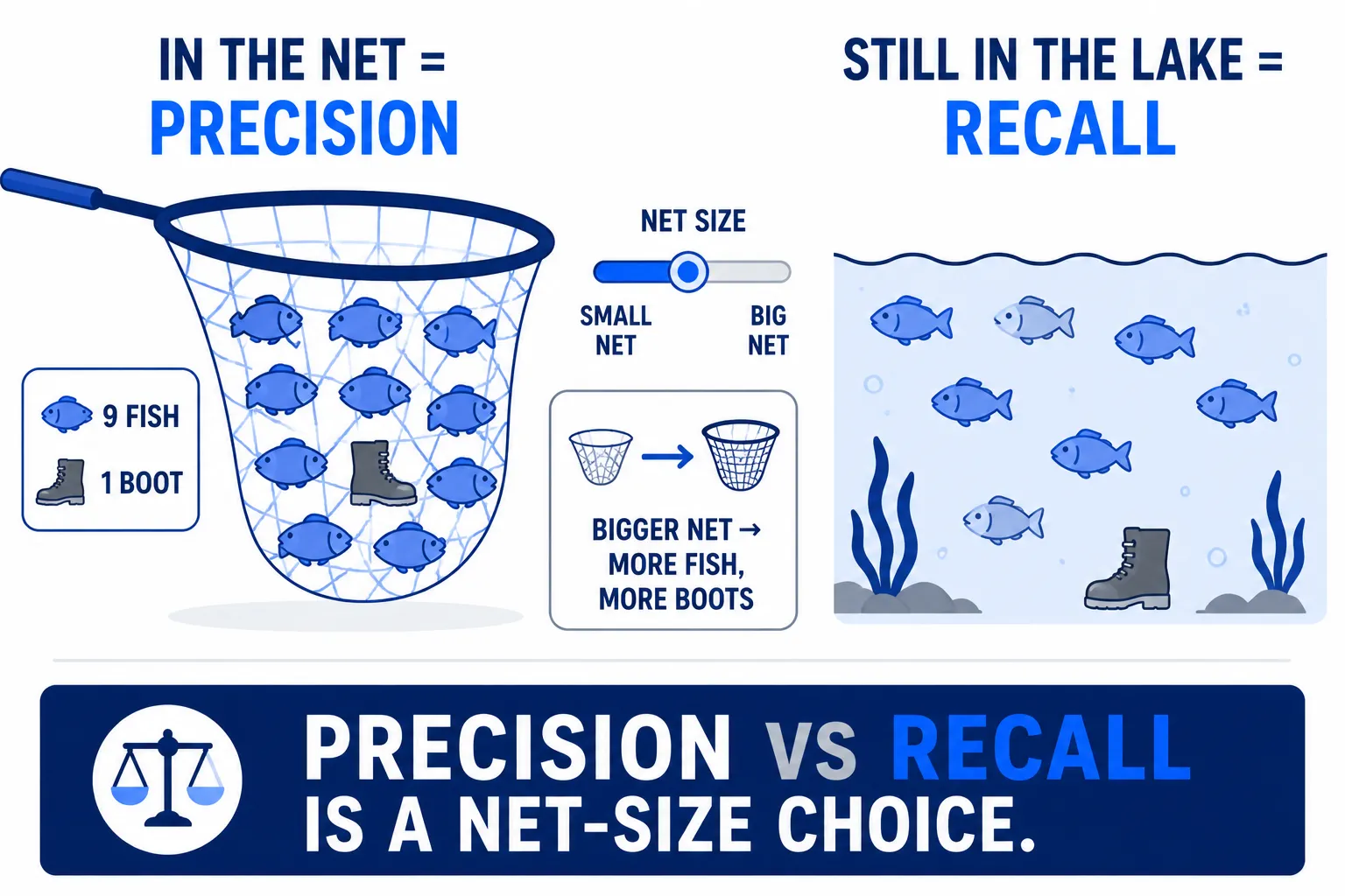 จับปลา — precision คือของที่ติดแล้วเป็นปลากี่เปอร์เซ็นต์, recall คือจับปลาทั้งทะเลสาบได้กี่เปอร์เซ็นต์
