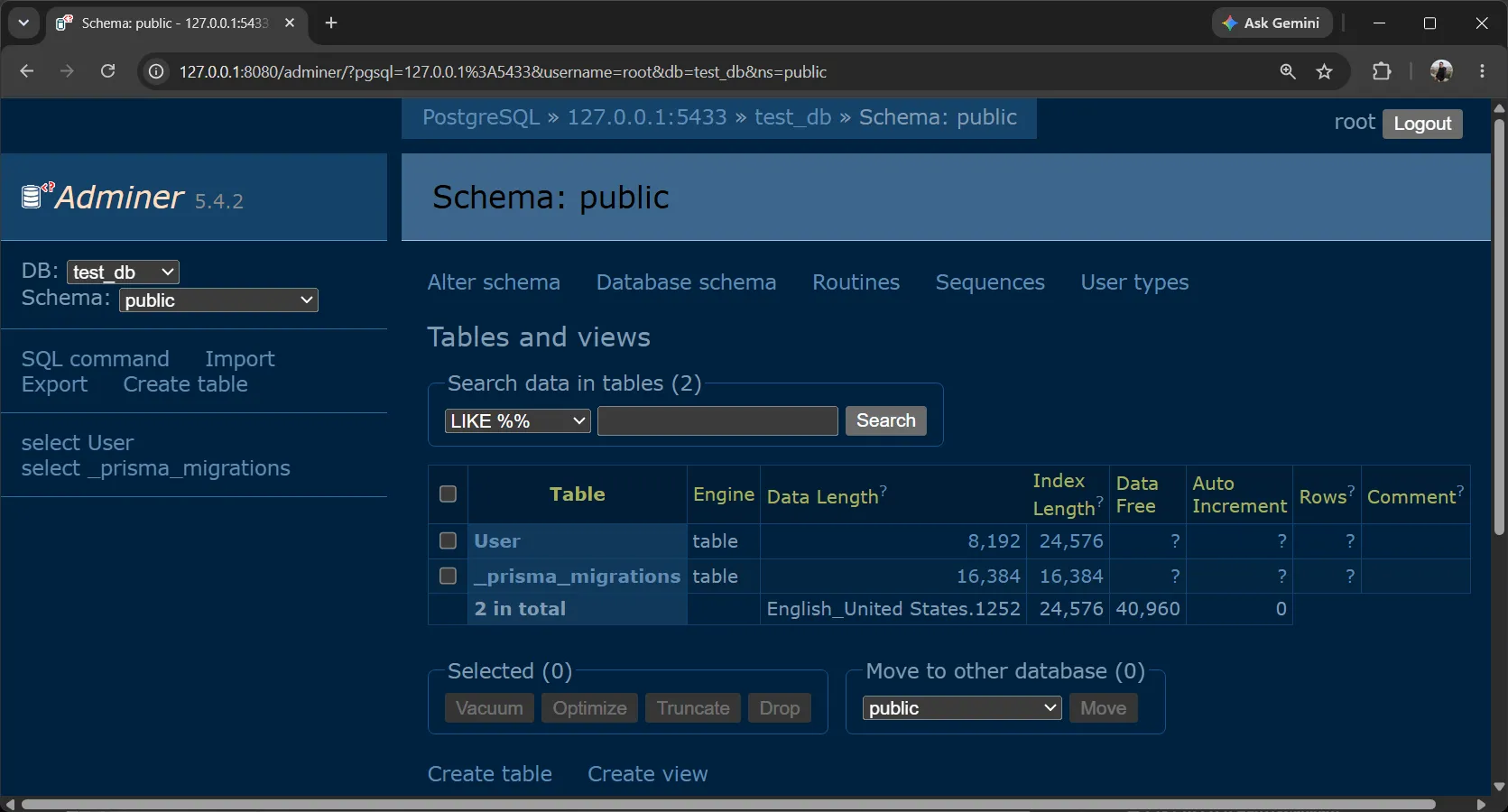 Adminer table Adminer table