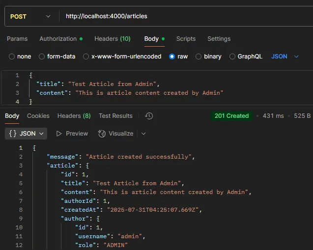 ตัวอย่างการทดสอบ API POST /articles (ADMIN)