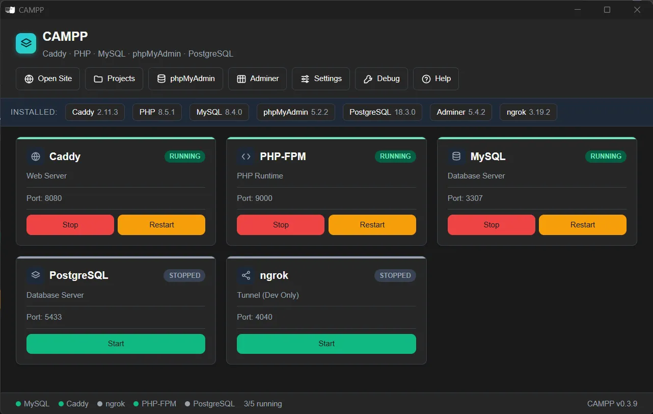 CAMPP Dashboard - Start Caddy, PHP, MySQL