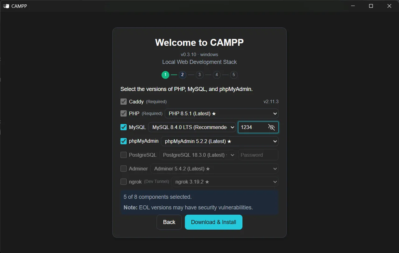ตั้งรหัสผ่าน MySQL ระหว่างติดตั้ง CAMPP CAMPP Install Config