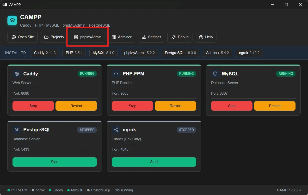 CAMPP start phpMyAdmin