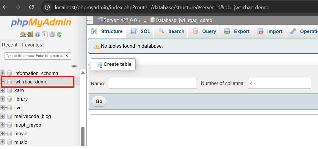 ฐานข้อมูล jwt_rbac_demo สร้างด้วย phpMyAdmin