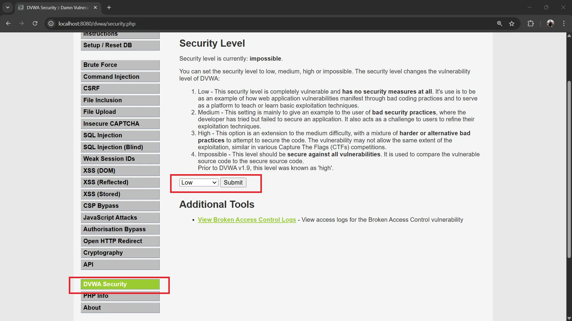 DVWA Security Level Low