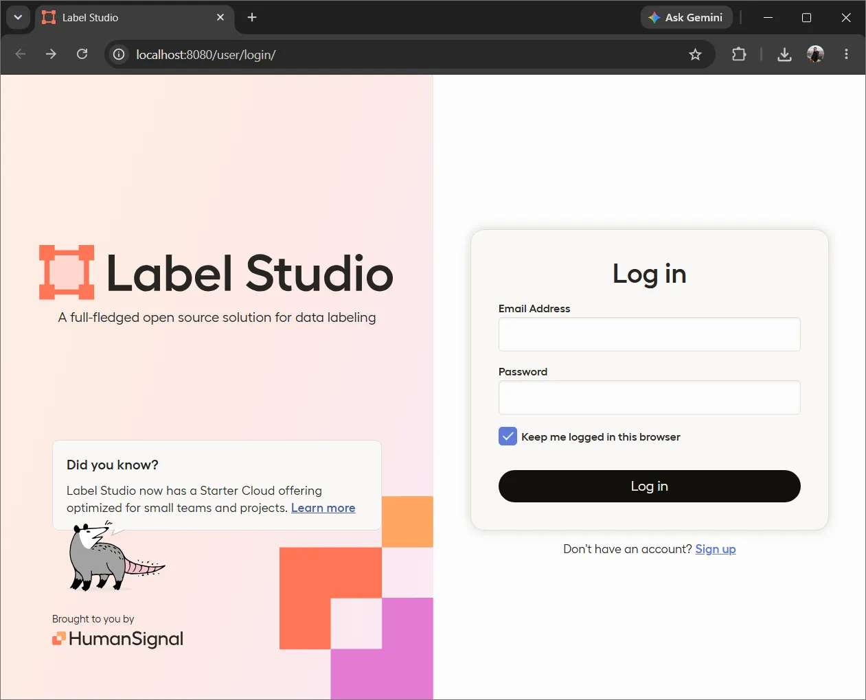 หน้าเข้าสู่ระบบของ Label Studio