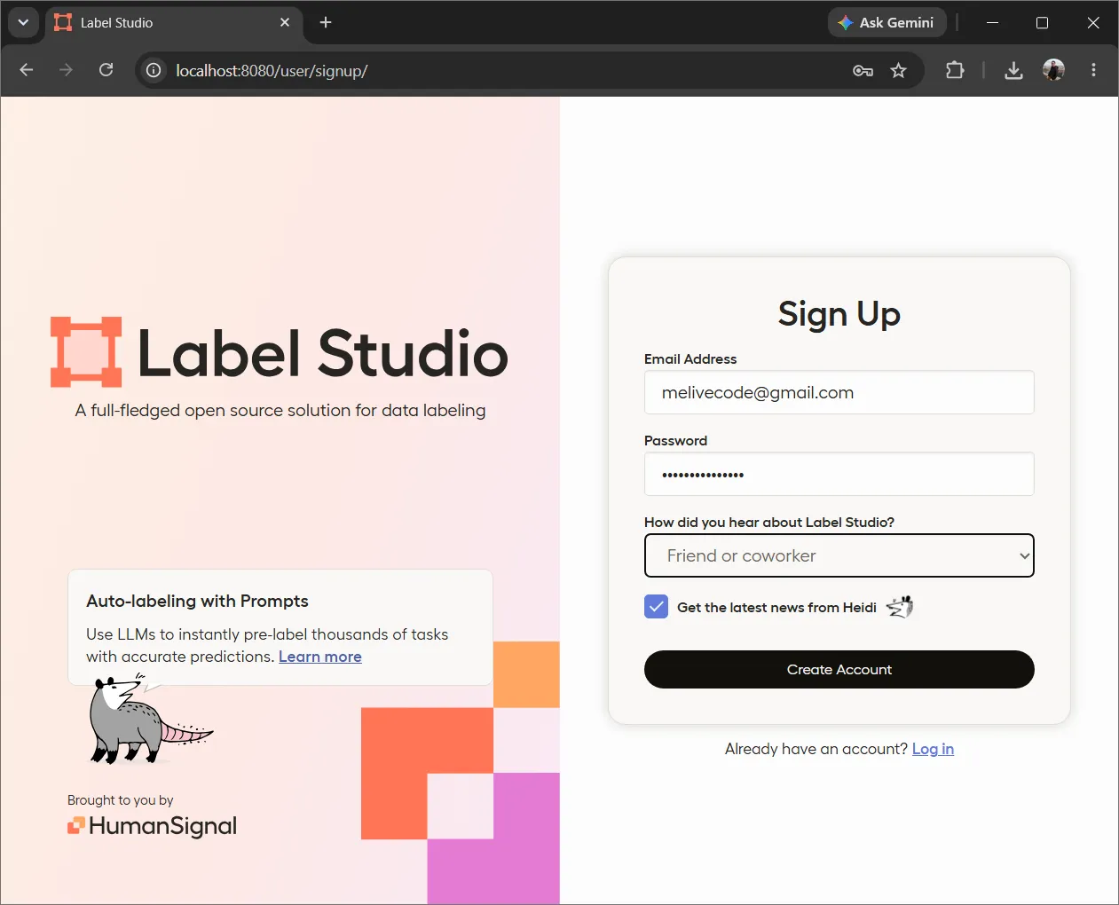 หน้าลงทะเบียนของ Label Studio