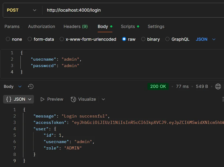 ตัวอย่างการทดสอบ API POST /login (ADMIN)