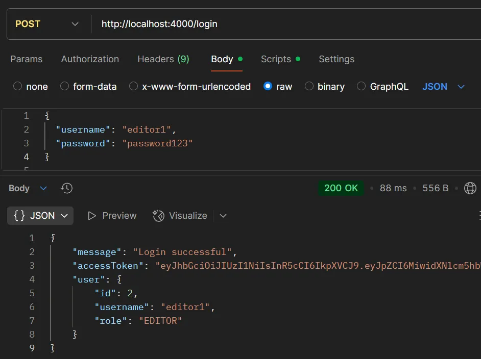 ตัวอย่างการทดสอบ API POST /login (EDITOR)