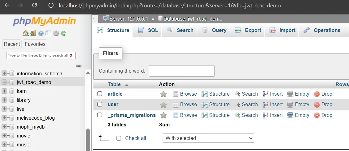 ตรวจสอบตารางที่ถูกสร้างขึ้นในฐานข้อมูล
