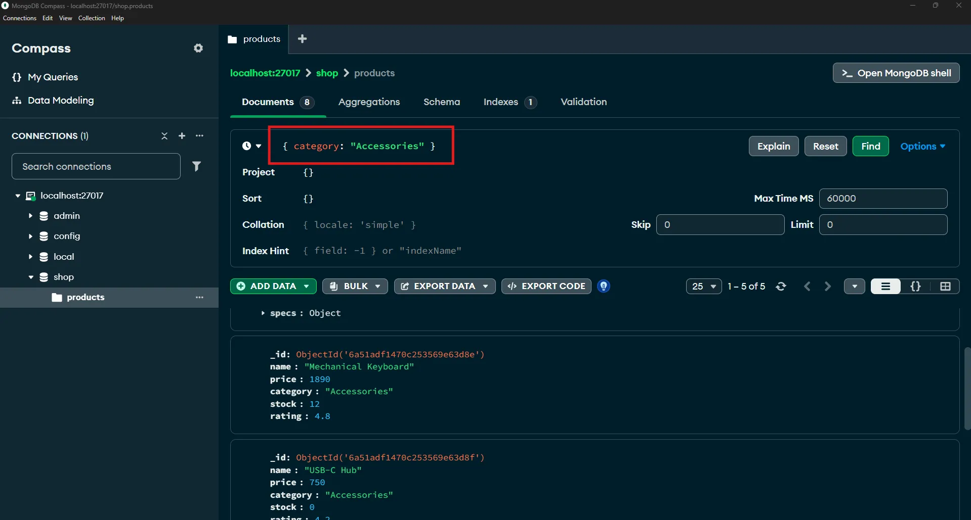 รัน db.products.find({ category: "Accessories" }) ใน MongoDB Compass — ใส่ { category: "Accessories" } ในช่อง Filter find category in Compass