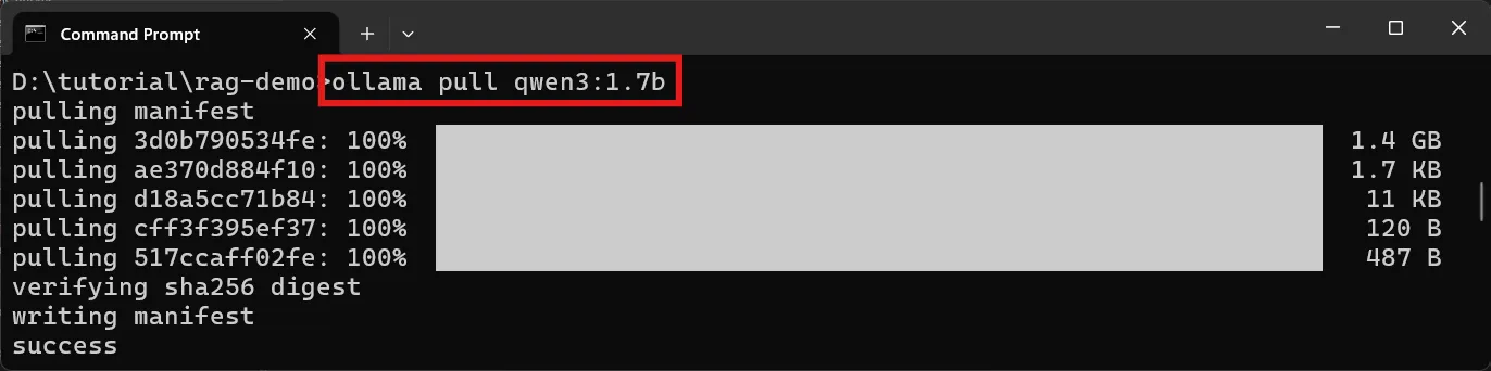 ollama pull qwen3:1.7b ผลลัพธ์ตอนรัน ollama pull qwen3:1.7b