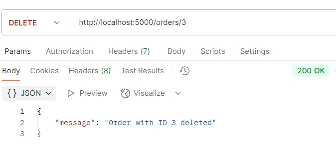 ตัวอย่างการทดสอบ API DELETE /orders/:id