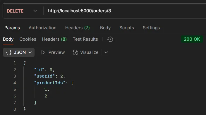 ตัวอย่างการทดสอบ API DELETE /orders/:id