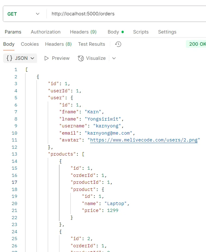 ตัวอย่างการทดสอบ API GET /orders