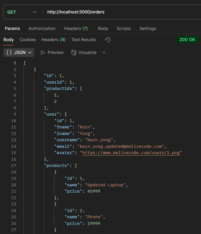 ตัวอย่างการทดสอบ API GET /orders