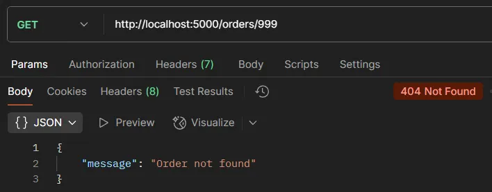 ตัวอย่างการทดสอบ API GET /orders/:id กรณีไม่พบคำสั่งซื้อ