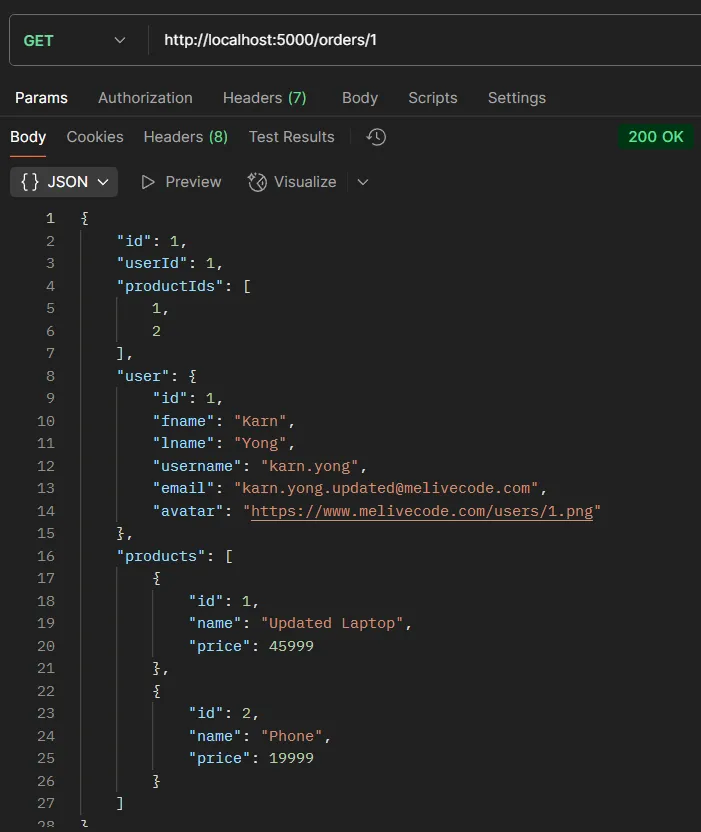 ตัวอย่างการทดสอบ API GET /orders/:id