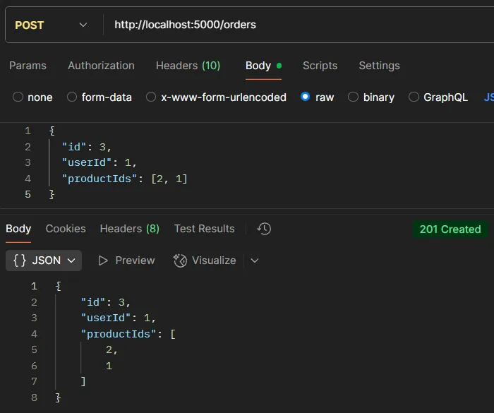 ตัวอย่างการทดสอบ API POST /orders
