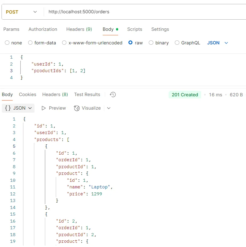 ตัวอย่างการทดสอบ API POST /orders