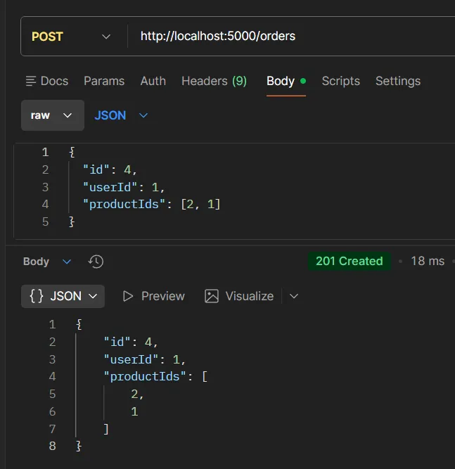 ตัวอย่างการทดสอบ API POST /orders