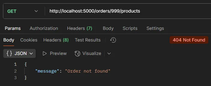 ตัวอย่างการทดสอบ API GET /orders/:id/products กรณีไม่พบคำสั่งซื้อ