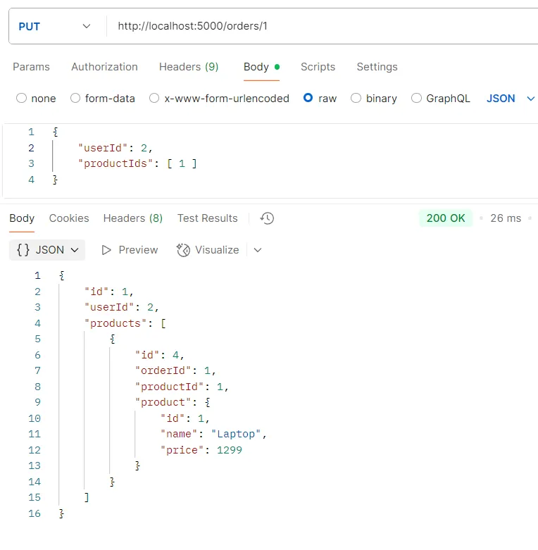 ตัวอย่างการทดสอบ API PUT /orders/:id