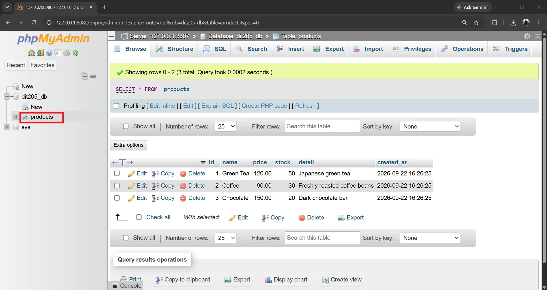 แท็บ Browse แสดงข้อมูลในตาราง products phpMyAdmin Browse products