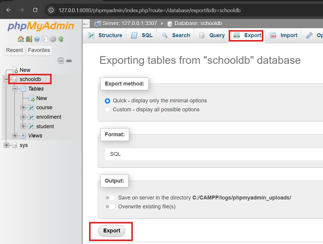 phpMyAdmin - Export tab to backup database as .sql file phpMyAdmin Export