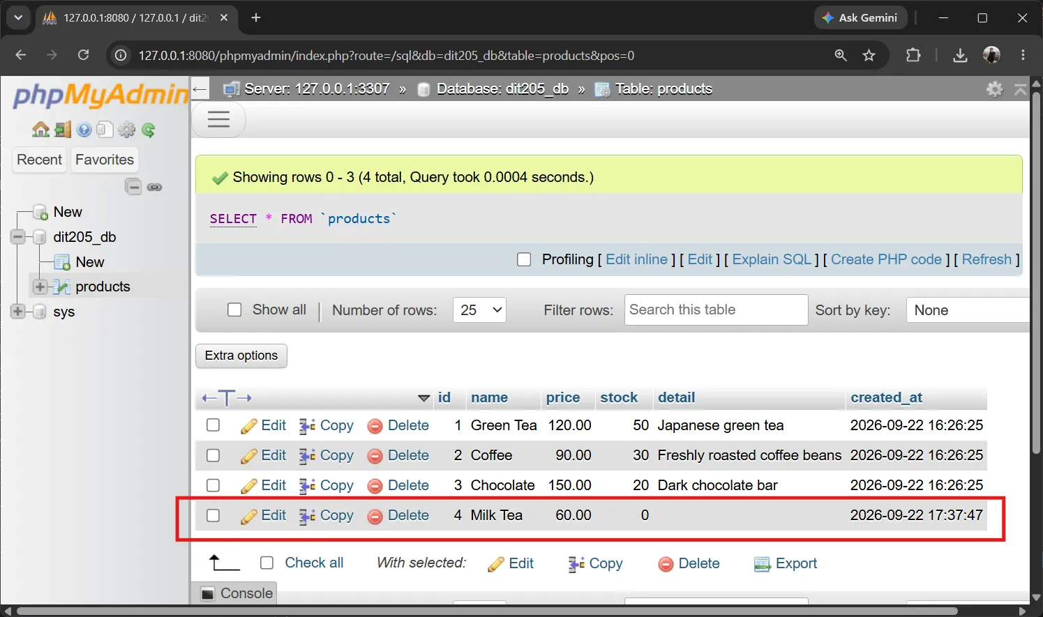 แถวใหม่ที่เพิ่มจากหน้าเว็บปรากฏในตาราง products phpMyAdmin Browse แสดงแถว Milk Tea ที่เพิ่งเพิ่ม