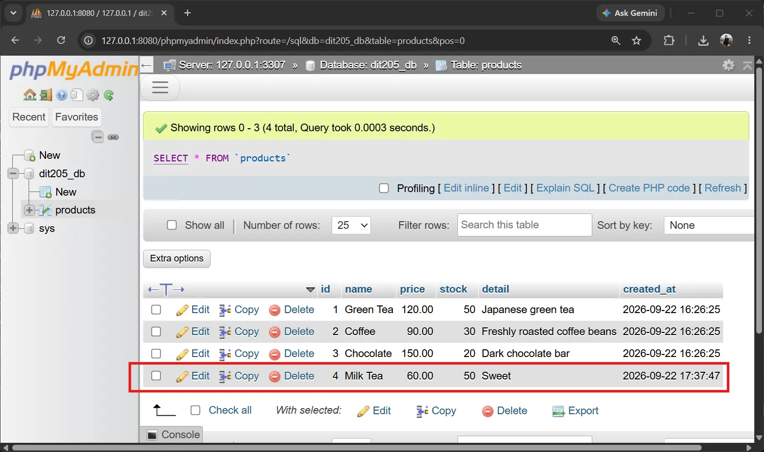 แถวข้อมูลในตาราง products หลังแก้ไขจากหน้าเว็บ phpMyAdmin Browse แสดงแถวที่ถูกแก้ไขแล้ว