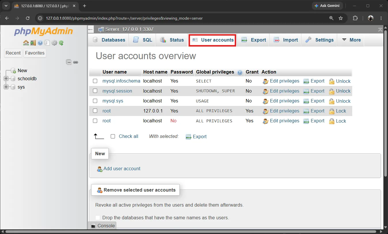 phpMyAdmin User Accounts