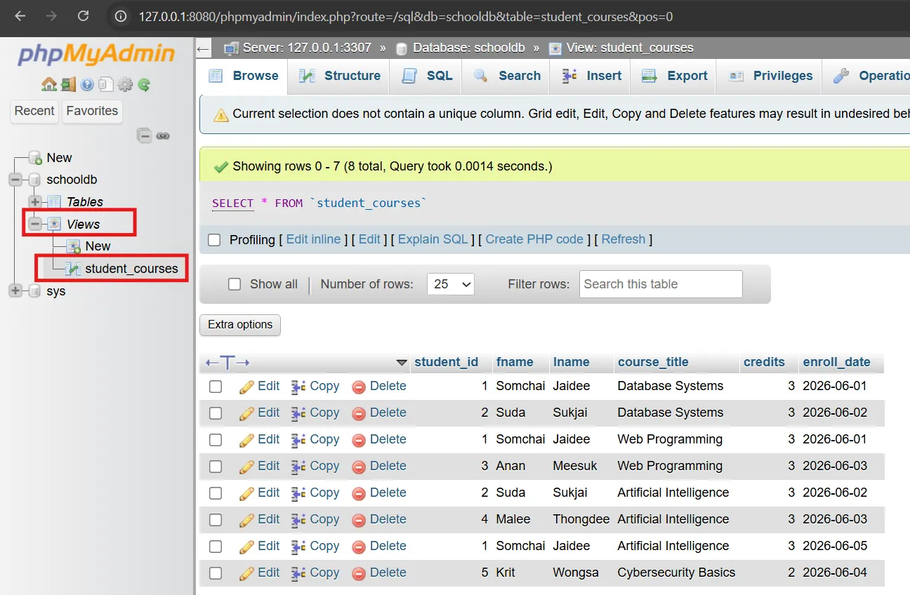 phpMyAdmin - Displaying data from student_courses view phpMyAdmin view