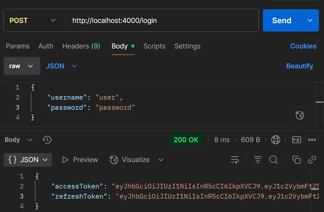 ตัวอย่างการทดสอบ /login ด้วย POSTMAN