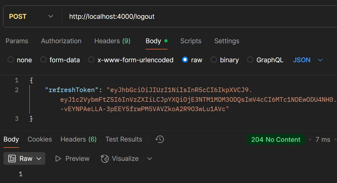 ตัวอย่างการทดสอบ /logout ด้วย POSTMAN