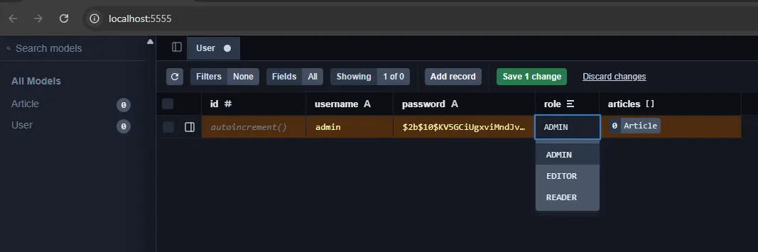 เพื่อเพิ่มผู้ใช้ admin ใน Prisma Studio