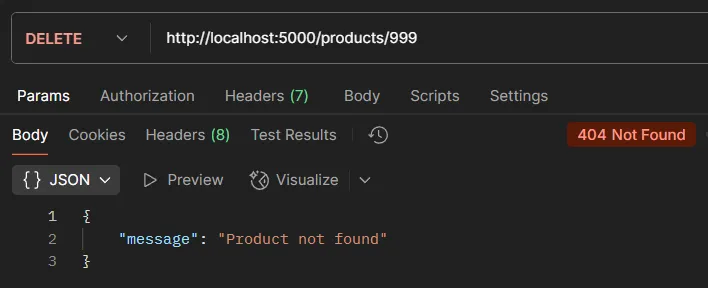 ตัวอย่างการทดสอบ API DELETE /products กรณีไม่พบสินค้า