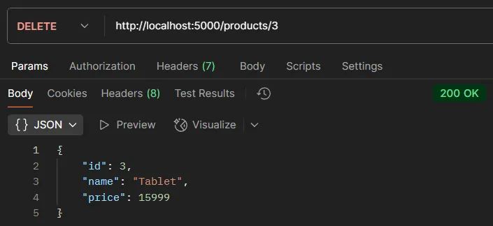 ตัวอย่างการทดสอบ API DELETE /products