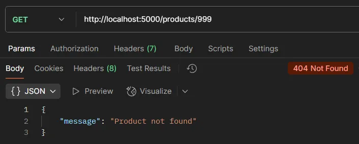 ตัวอย่างการทดสอบ API GET /products/:id กรณีไม่พบสินค้า