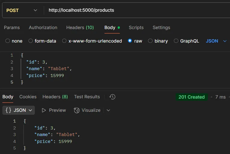 ตัวอย่างการทดสอบ API POST /products
