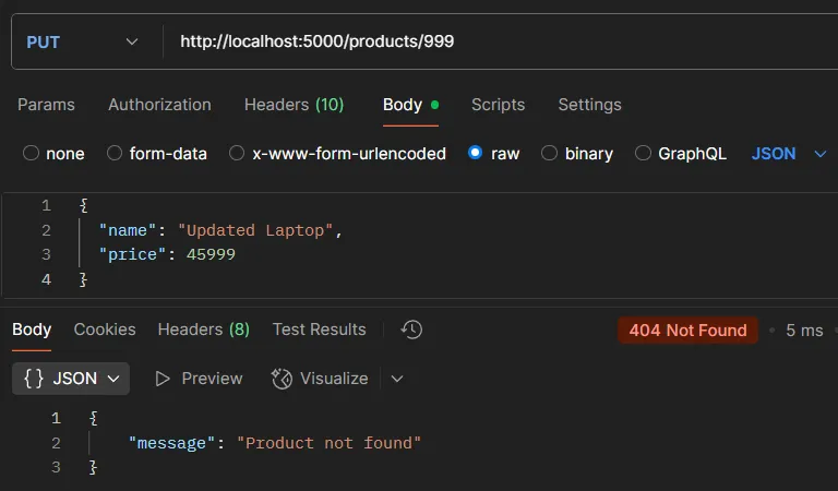 ตัวอย่างการทดสอบ API PUT /products กรณีไม่พบสินค้า