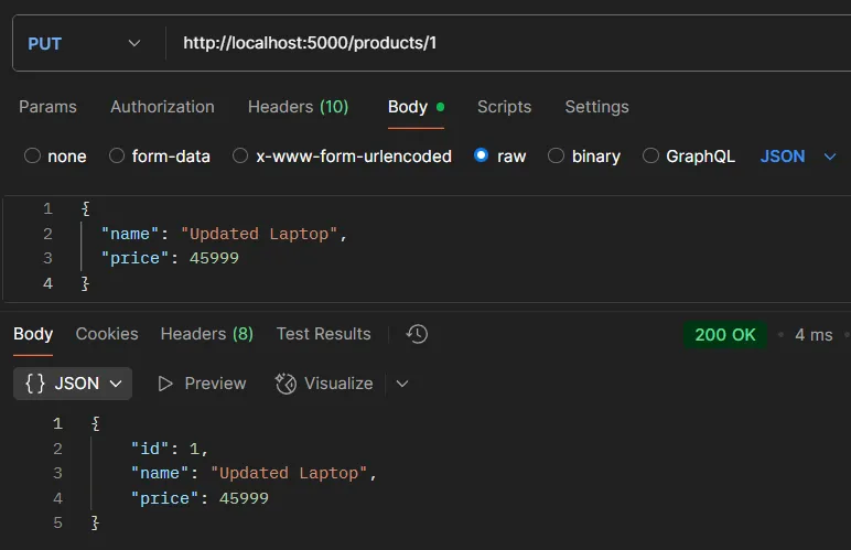 ตัวอย่างการทดสอบ API PUT /products