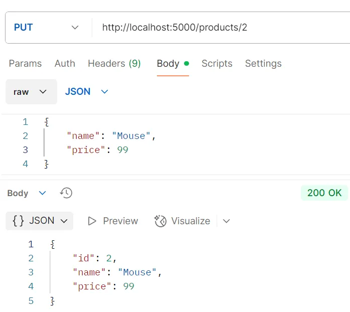 ตัวอย่างการทดสอบ API PUT /products/:id