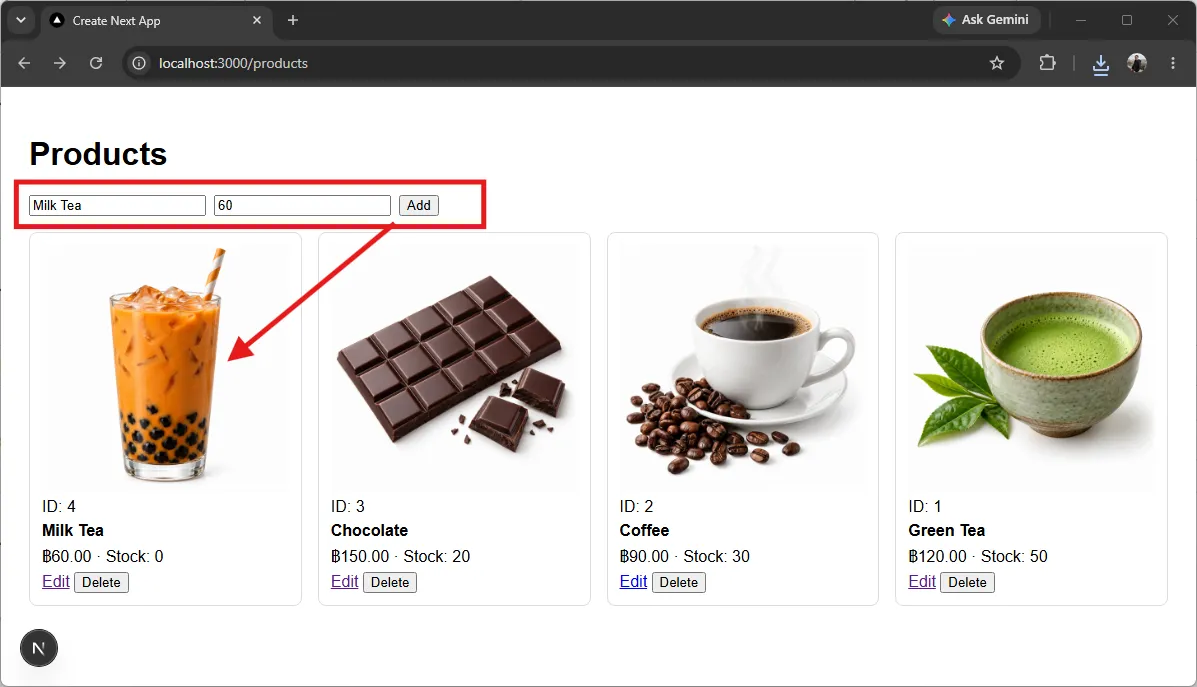 ผลลัพธ์หลังเพิ่มสินค้าใหม่ หน้า /products พร้อมฟอร์มเพิ่มสินค้า