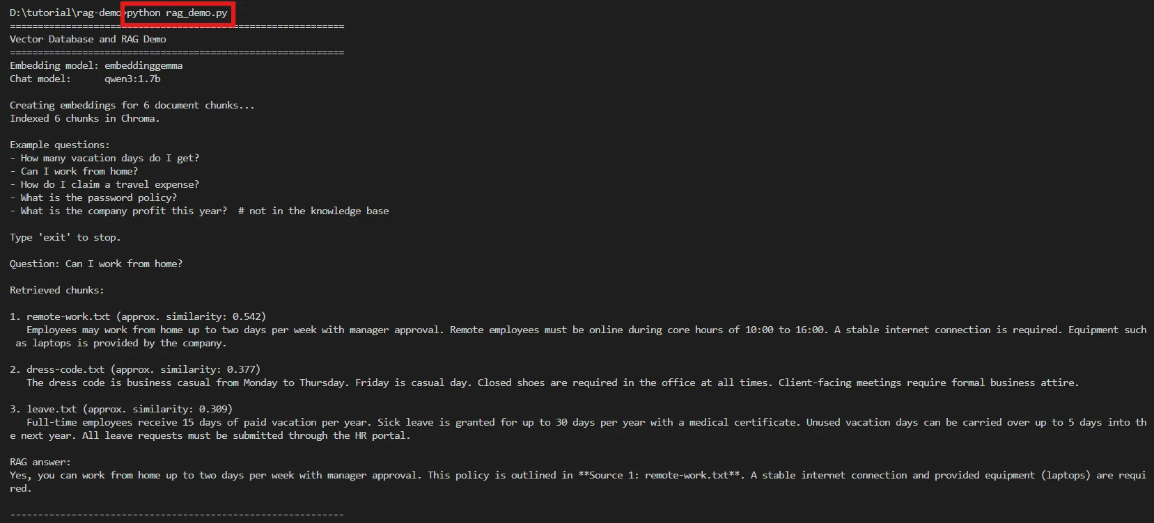 Running rag_demo.py ผลลัพธ์ตอนรัน rag_demo.py ถามตอบเกี่ยวกับนโยบายบริษัท