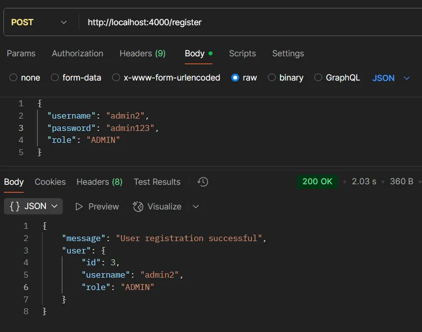 ตัวอย่างการทดสอบ API POST /register (ADMIN)