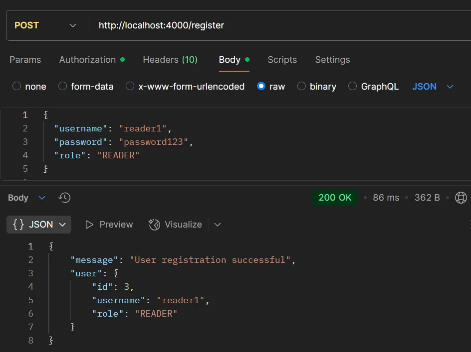 ตัวอย่างการทดสอบ API POST /register (READER)