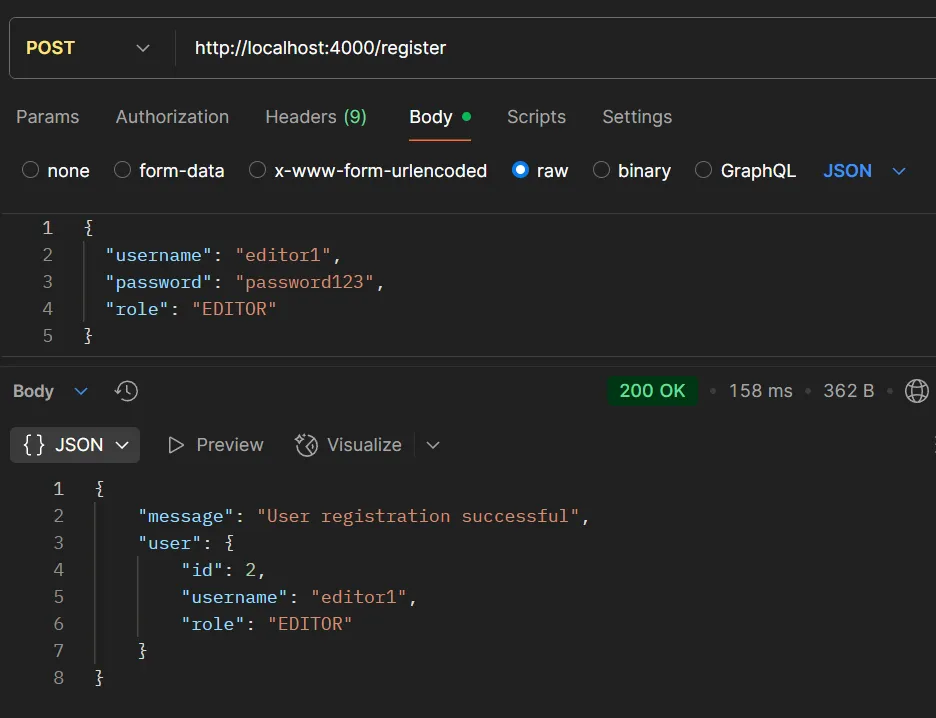 ตัวอย่างการทดสอบ API POST /register (EDITOR)