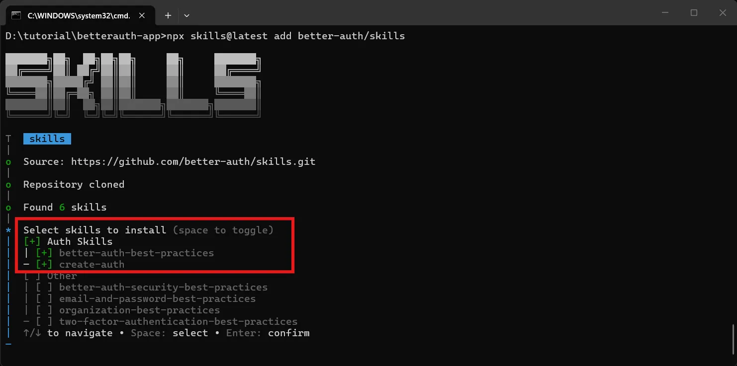 better-auth skills installed